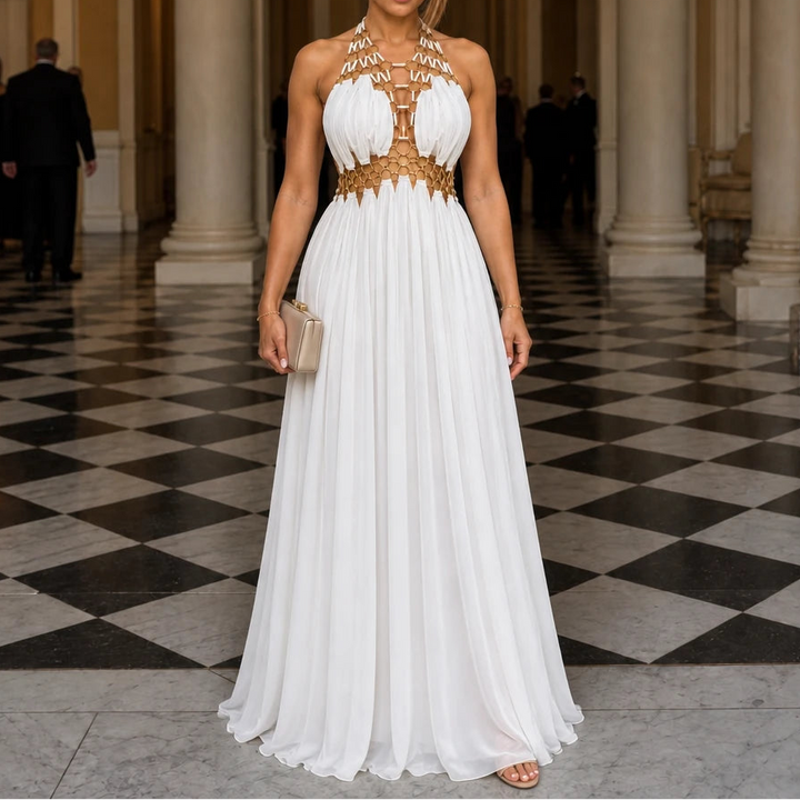 Avelise – Gold Ring Halter Open-Back Maxi Dress