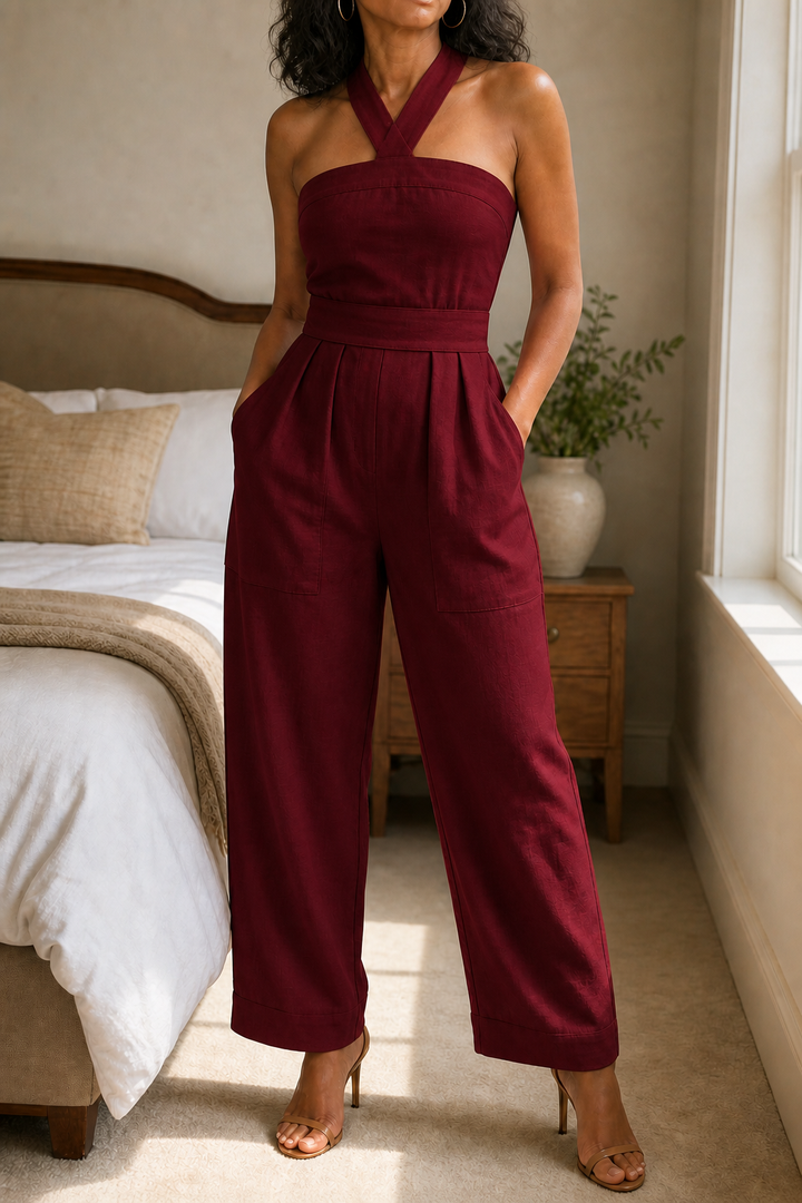 Turnwell – Halter-Neck Waist-Defined Wide-Leg Jumpsuit