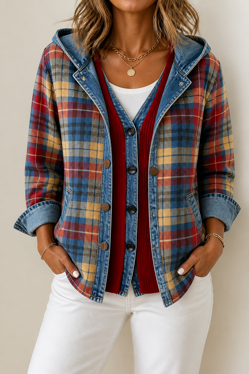 [BrandName] – Denim-Trim Hooded Knit Cardigan