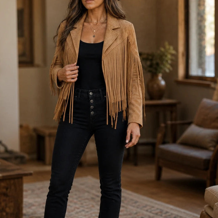 Fringe & Form – Laser-Cut Fringe Cropped Moto Jacket
