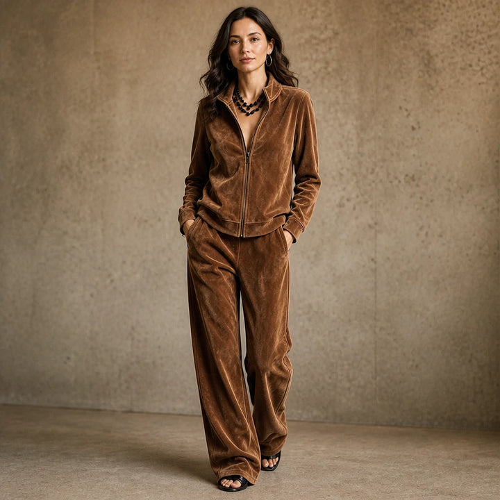 Veloura – Velvet Zip-Front Top And Wide-Leg Pants Set