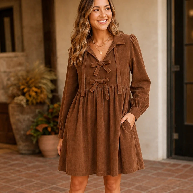 Cordelia – Bow-Front Corduroy-Look Babydoll Dress
