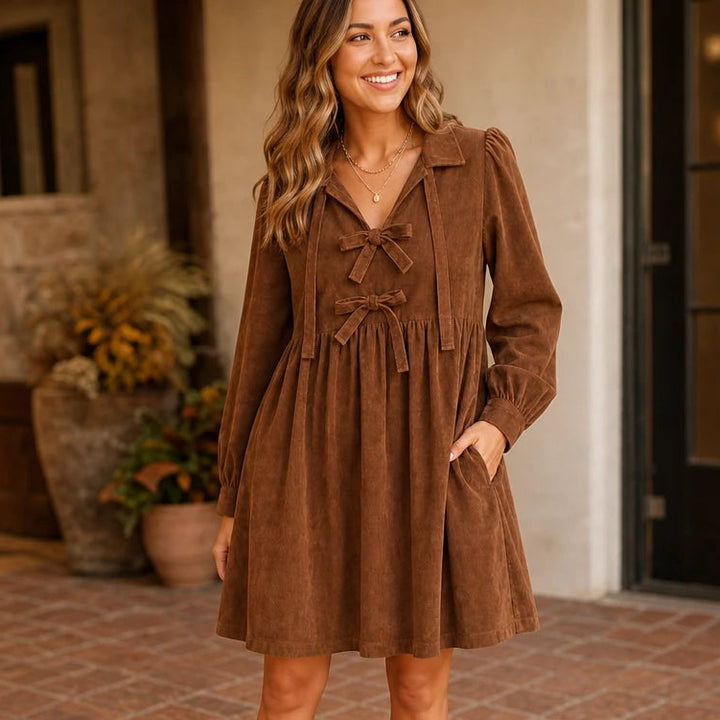 Cordelia – Bow-Front Corduroy-Look Babydoll Dress