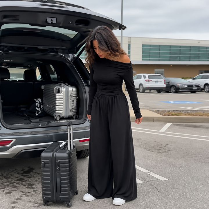 Wearbella – Off-Shoulder Ruched Wide-Leg Jumpsuit