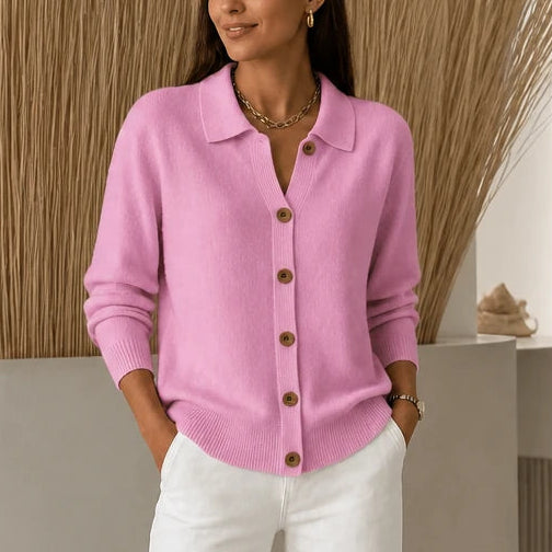 Collara – Turn-Down Collar Contrast-Button Knit Cardigan