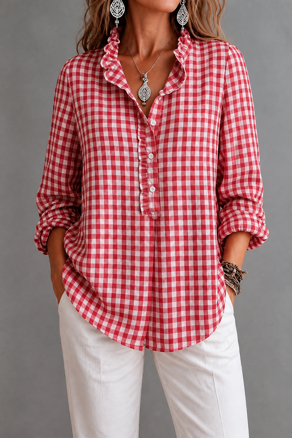 Rufina – Ruffled Collar Checked Print Blouse