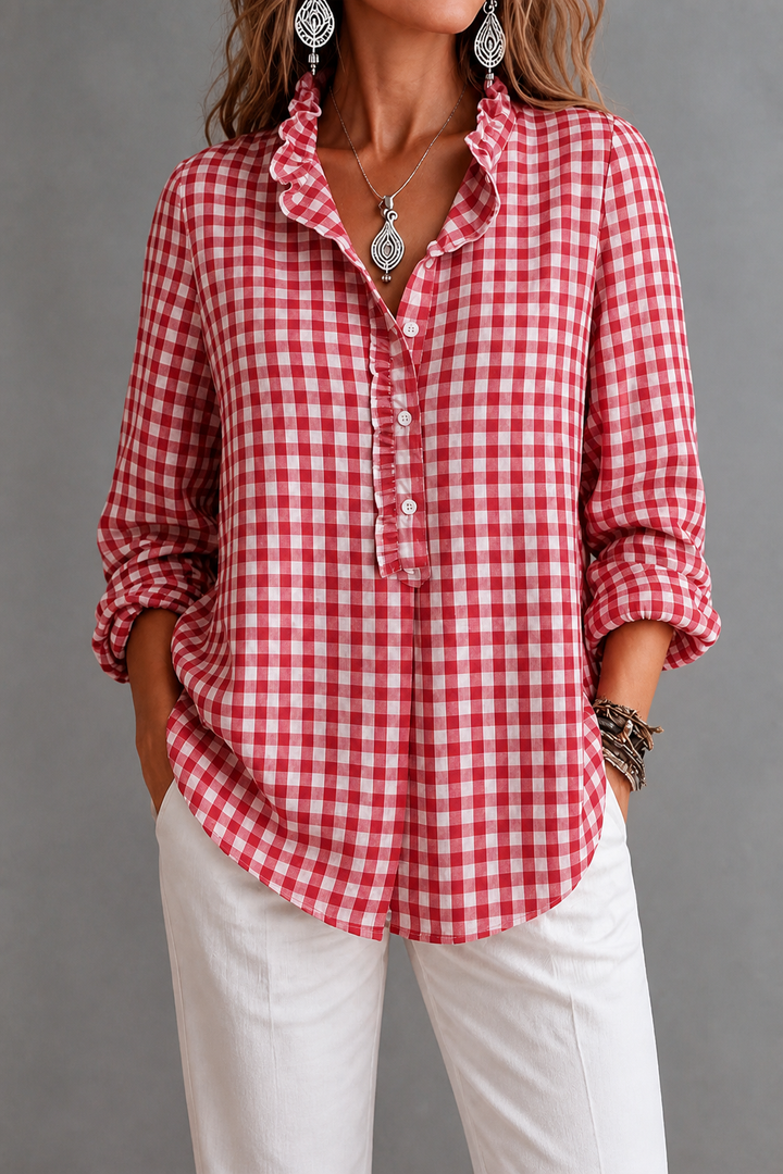Rufina – Ruffled Collar Checked Print Blouse