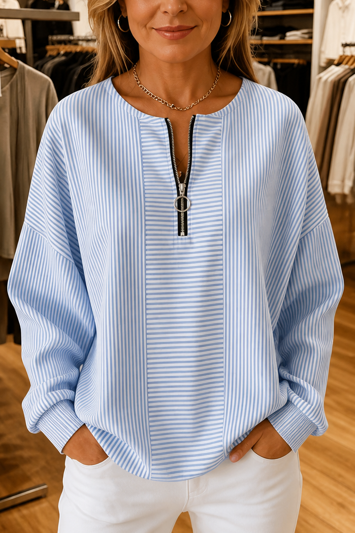 Everline – Striped Long Sleeve Zip-Up Top