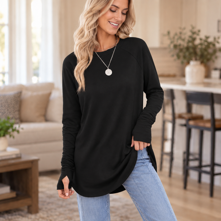 Cozelle – Thumbhole Cuff Side-Split Knit Top