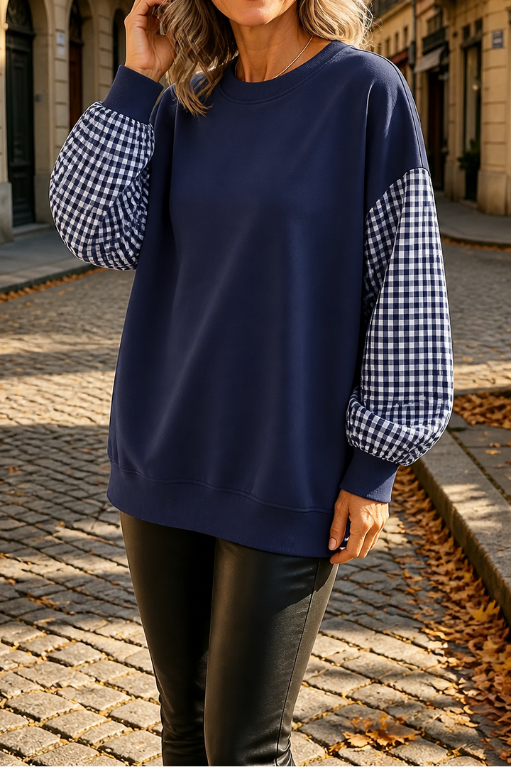 Blockline – Patchwork Plaid Loose Crew Neck Top