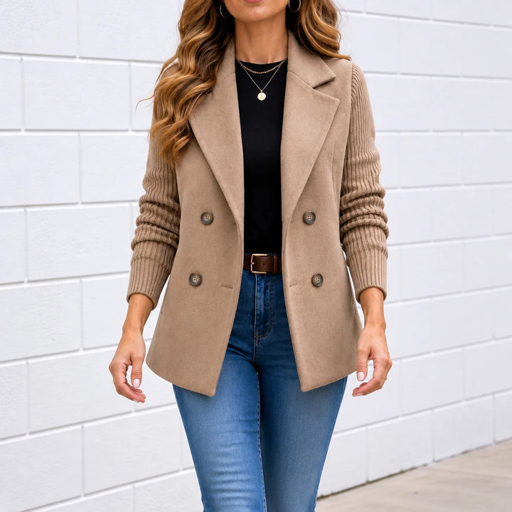 Celeste – Suede-Look Double-Breasted Knit-Sleeve Jacket