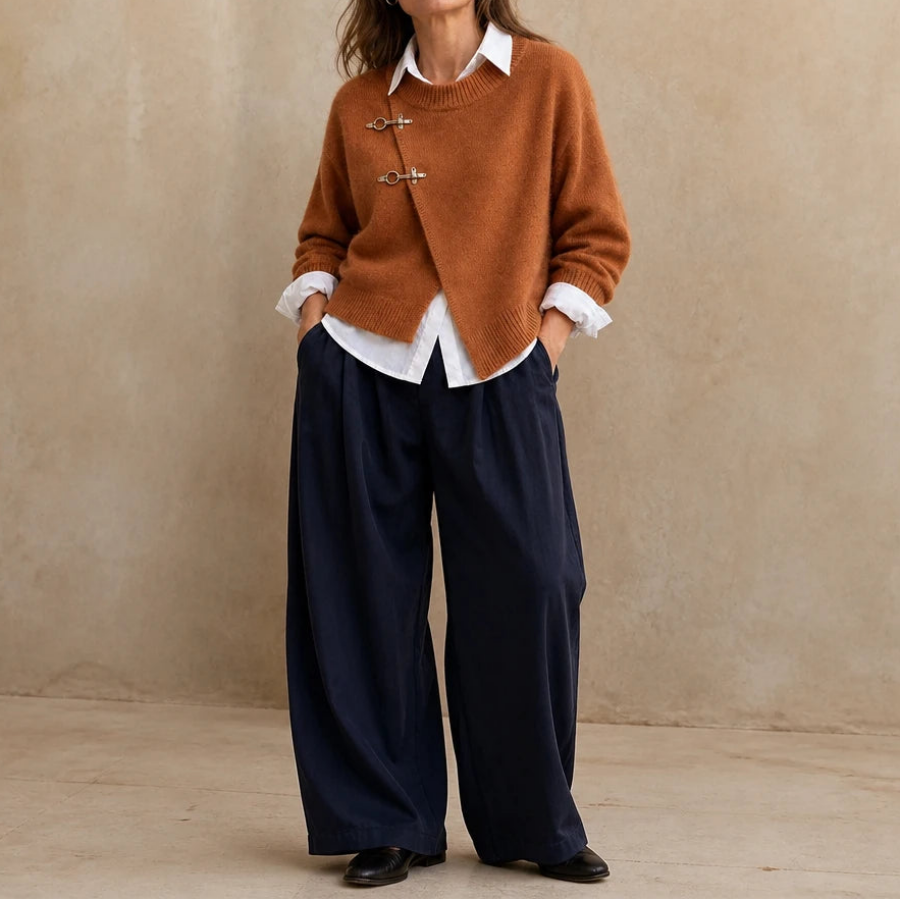 Caramelia – Asymmetric Toggle-Front Knit Cardigan