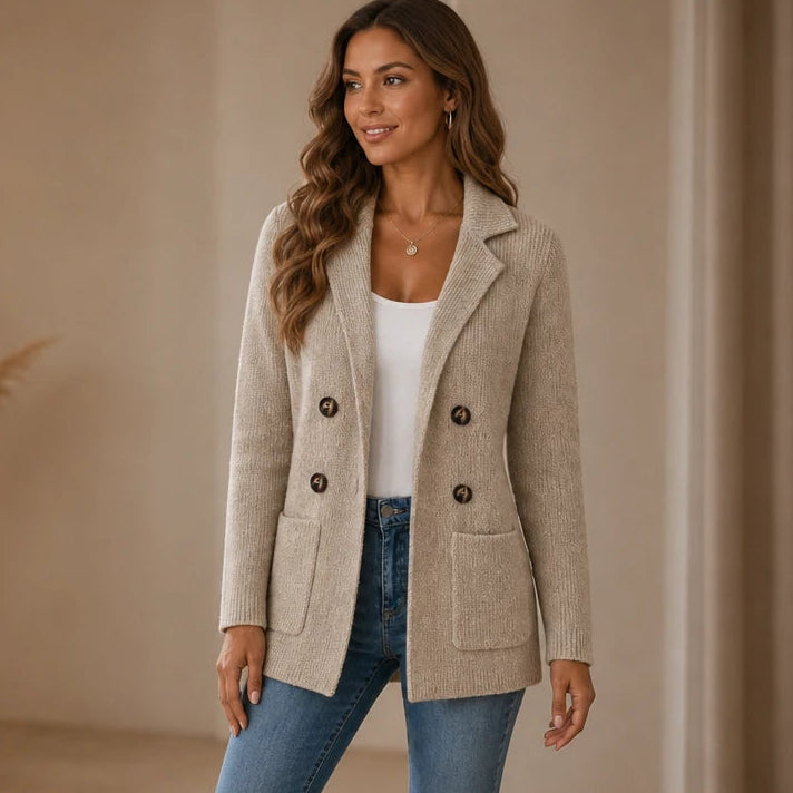 Elara – Ribbed Knit Double-Breasted Cardigan