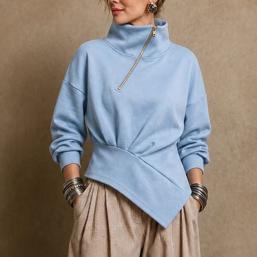 Velaire – Asymmetric Diagonal-Zip High-Neck Sweatshirt