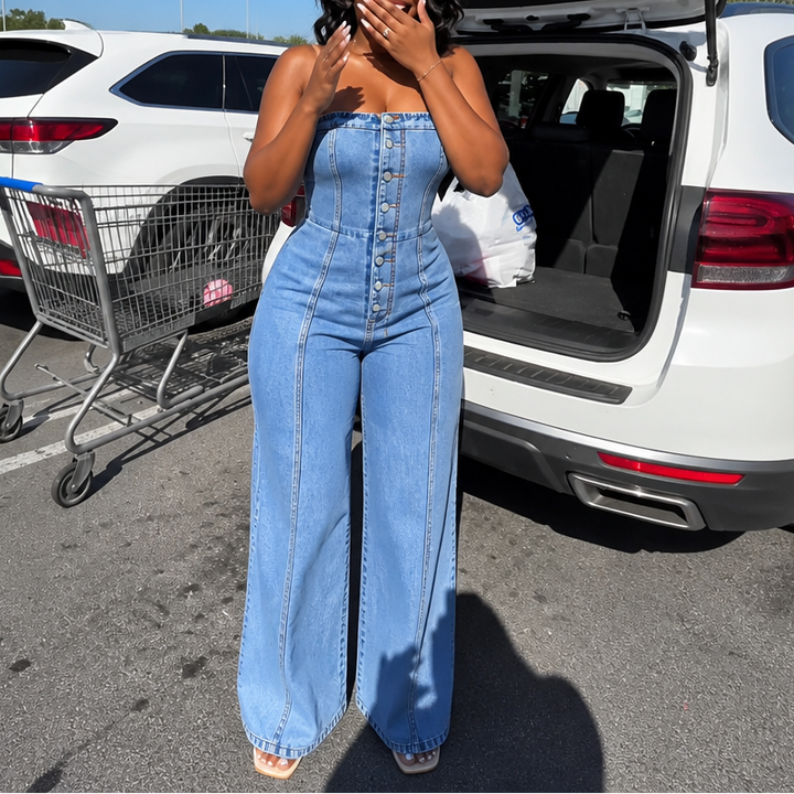 Wearbella – Wide Leg Spaghetti Strap Denim Jumpsuit