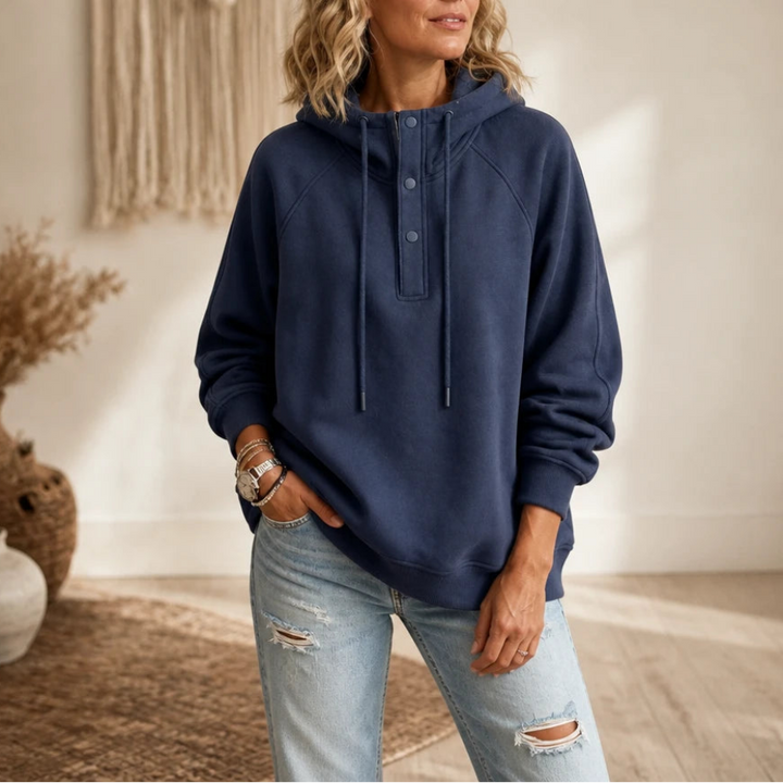 Placket & Poise – Three-Button Hooded Sweatshirt