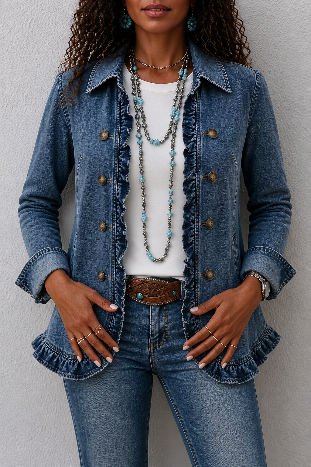 Wearbella – Double Breasted Ruffle Denim Jacket