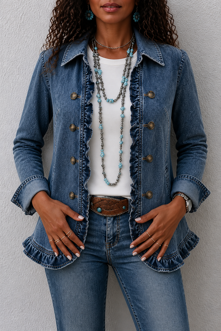 Wearbella – Double Breasted Ruffle Denim Jacket