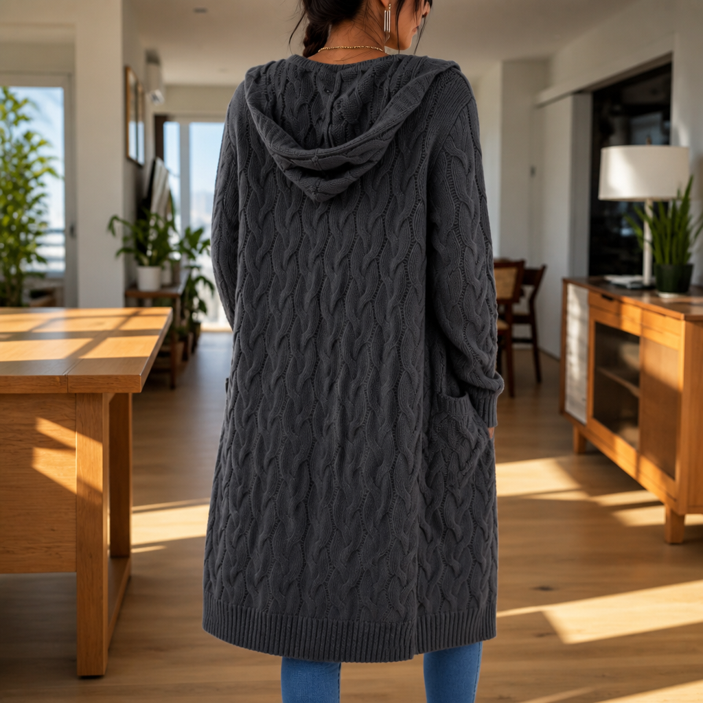 Wrapetta – Hooded Longline Cable-Knit Cardigan