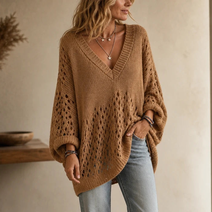 Vellora – Diamond Pointelle Knit Poncho Sweater
