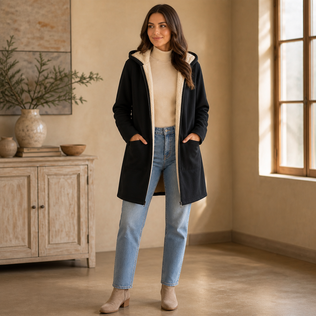 Cozelle – Fleece-Lined Hooded Mid-Length Jacket