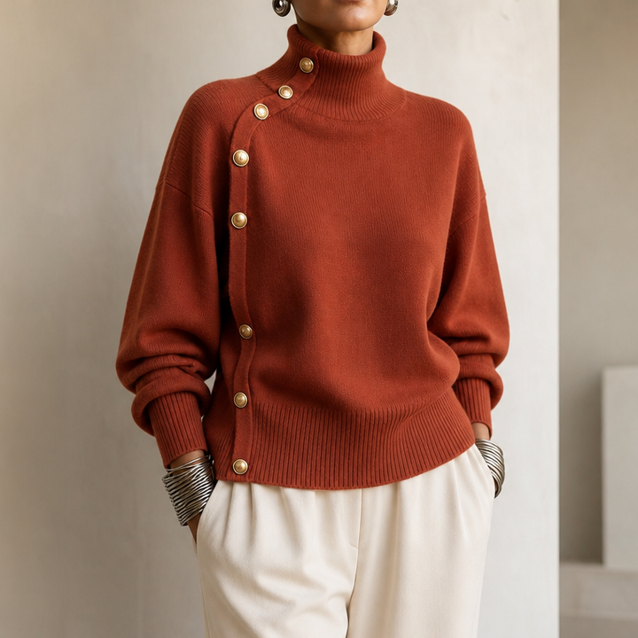 Asymvia – Asymmetric Gold-Tone Button Mock Neck Sweater