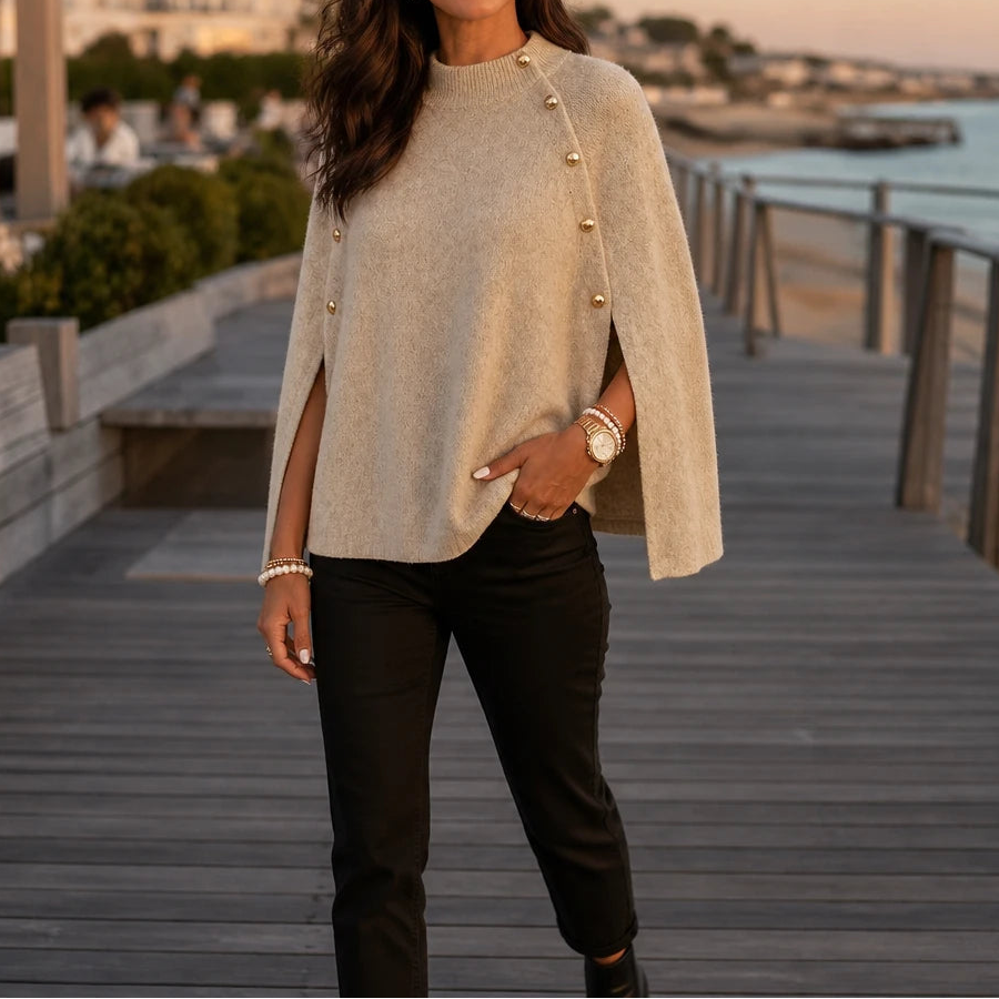 Velora – Button-Detail Side-Slit Knit Poncho Sweater