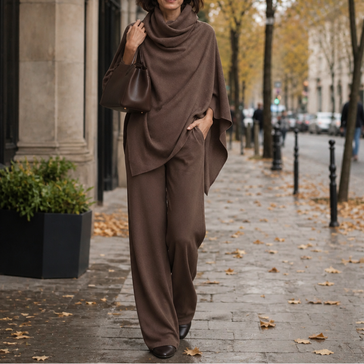 Draperie – Cowl-Neck Cape Top And Wide-Leg Trousers Set