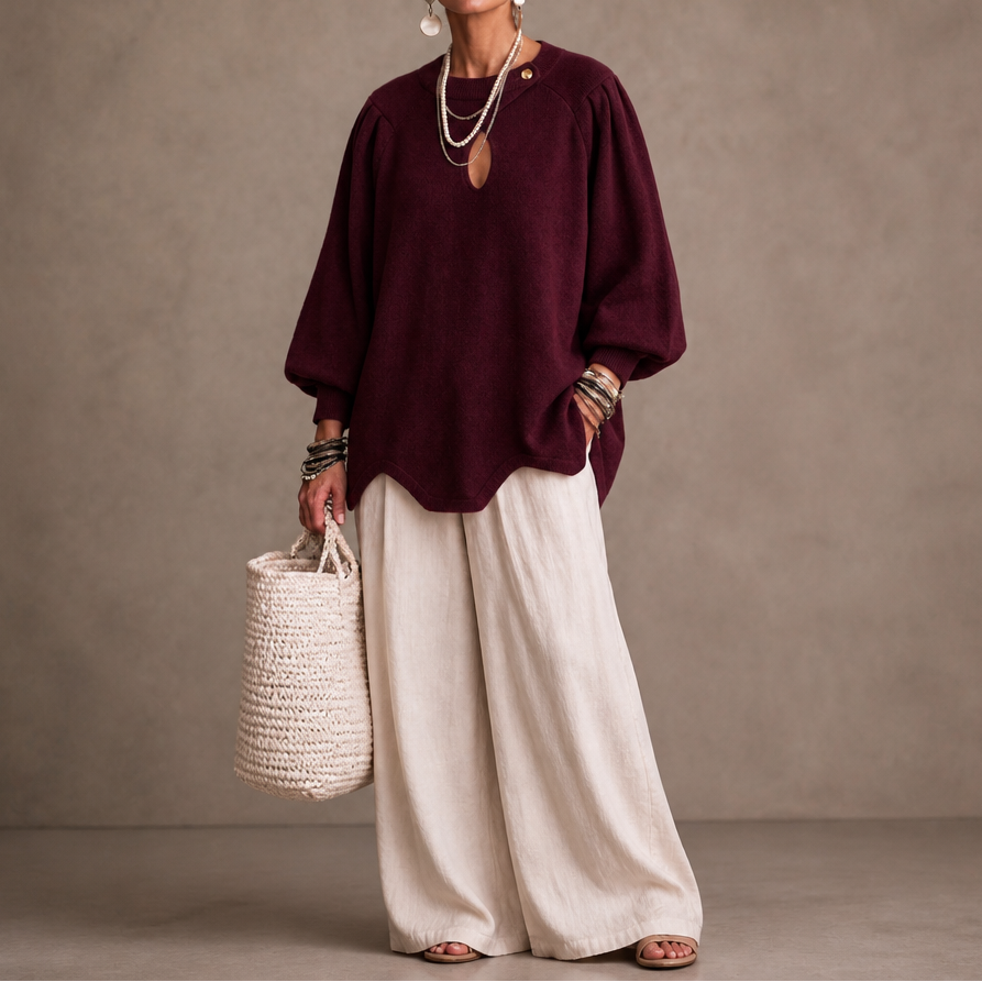 Wearbella – Teardrop Cutout Lantern Sleeve Knit Top