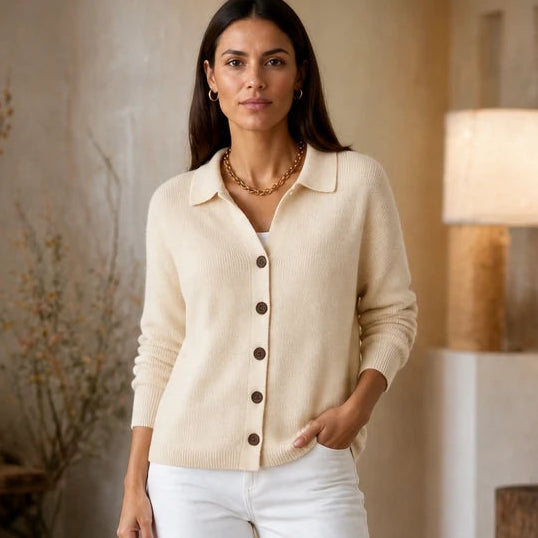 Wearbella – Contrast-Button Turn-Back Collar Knit Cardigan
