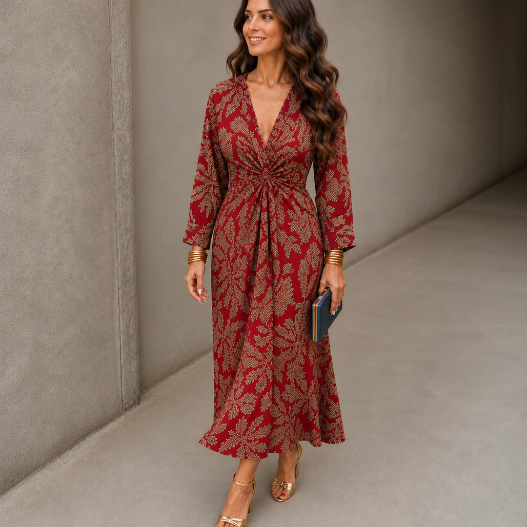 Isabella – V-Neck Fitted-Waist Printed Midi Dress