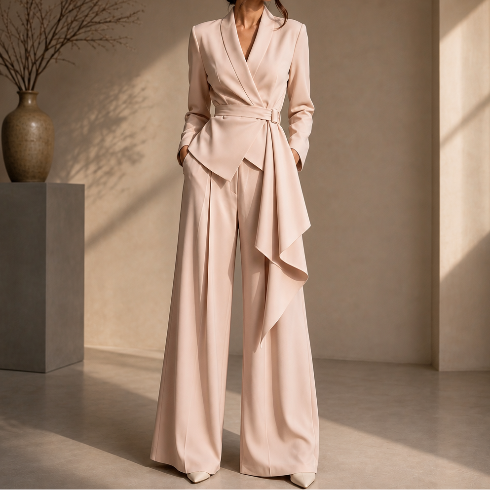 Drapevera – Buckle-Belted Wrap Blazer And Wide-Leg Trouser Set