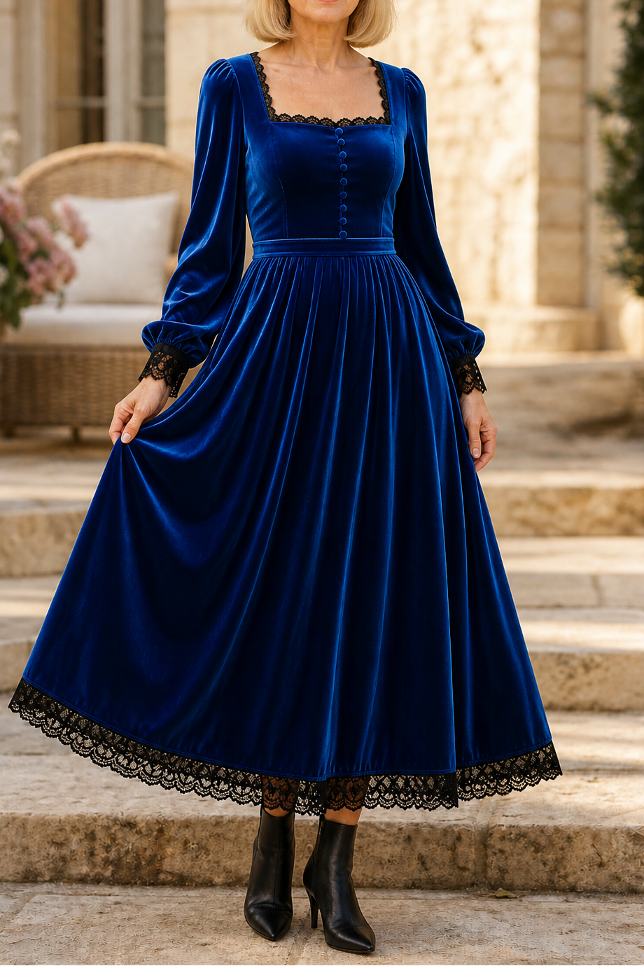 Velourette – Square Neck Fitted Waist Velvet Midi Dress