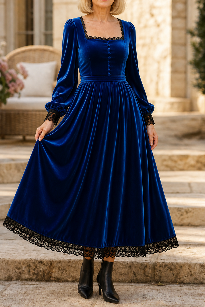 Velourette – Square Neck Fitted Waist Velvet Midi Dress