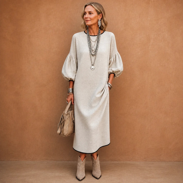 Vivelyn – Textured Knit Puff Sleeve Midi Dress