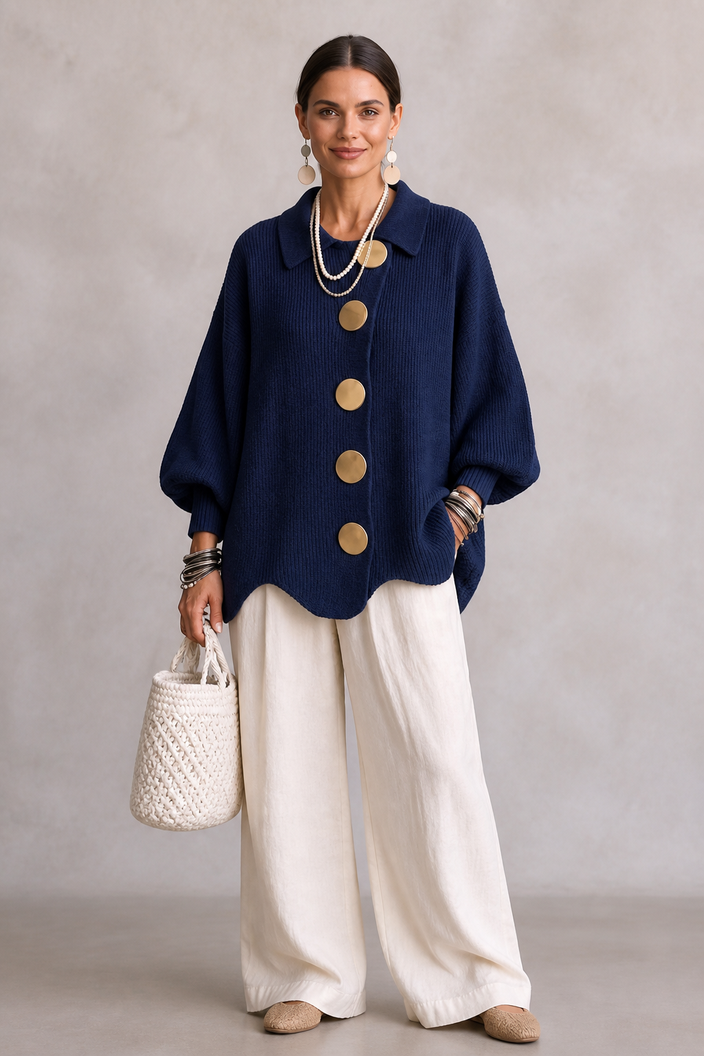 Wearbella – Oversized Scalloped-Hem Button Cardigan