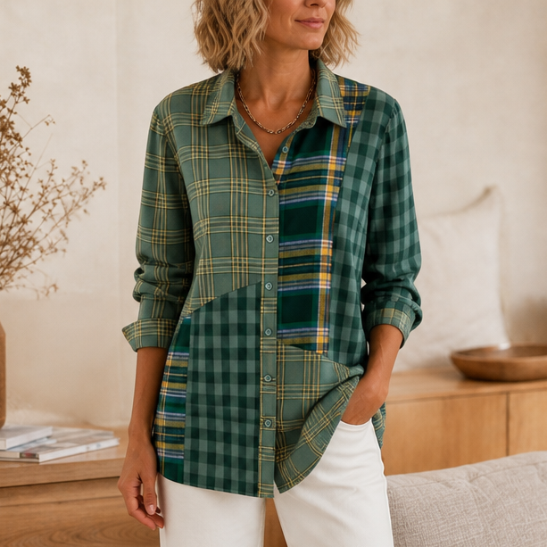 Plaidelle – Color-Block Patchwork Plaid Button-Up Shirt