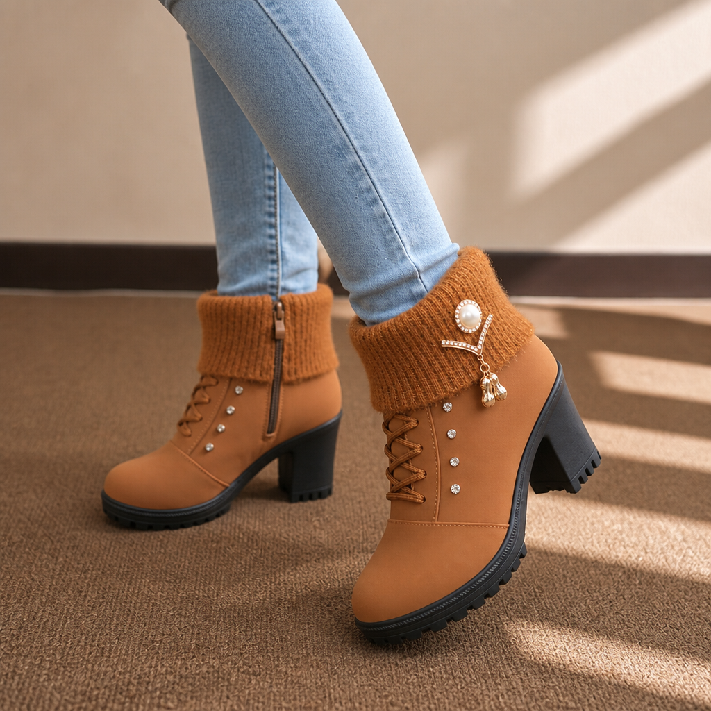 Wearbella – Fur-Lined Rhinestone Trim Block Heel Boots