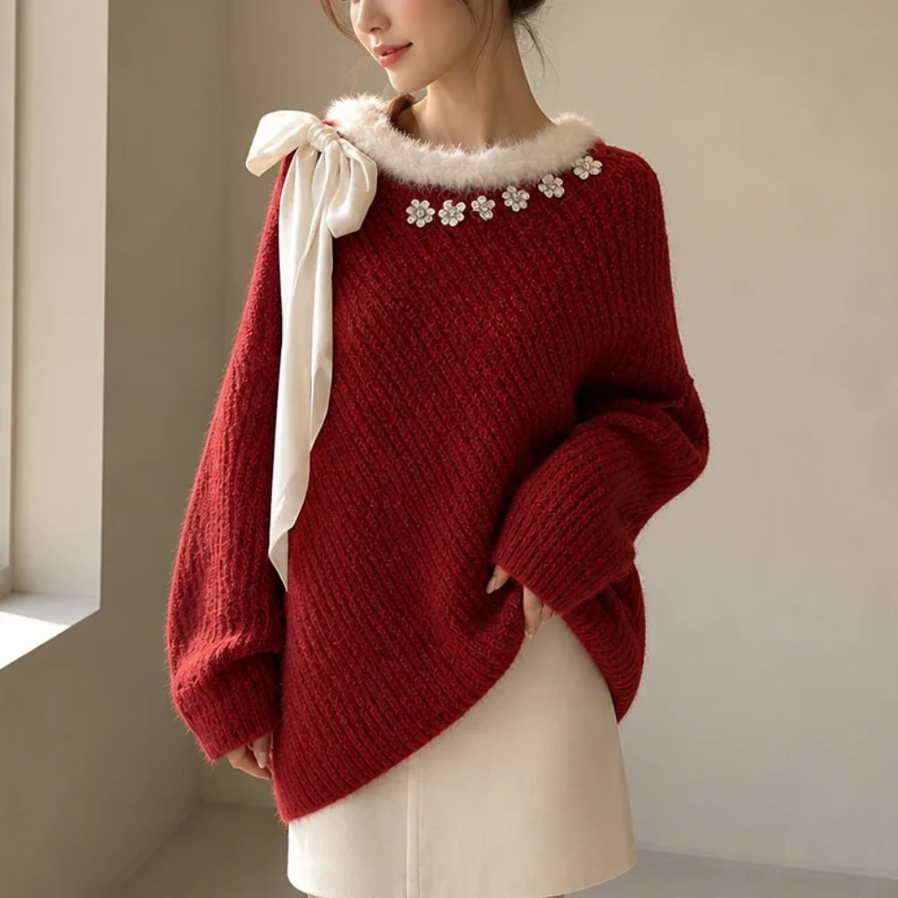 Hollytrim – Bow Floral Plush-Trim Christmas Sweater