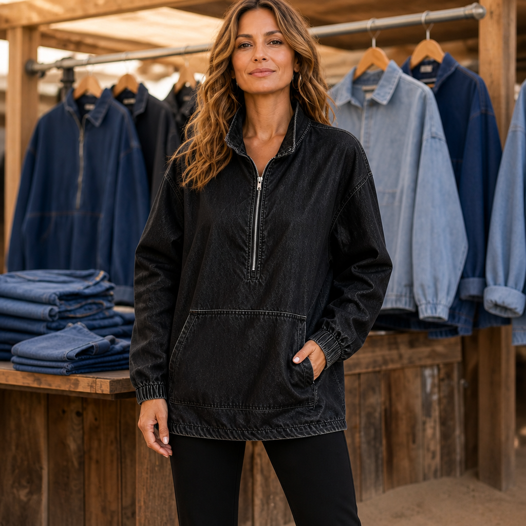 Half-Zip Haven – Washed Denim Half-Zip Pullover