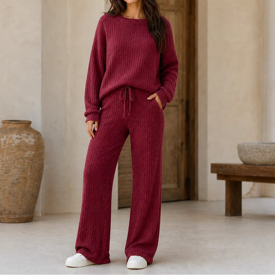 Softhaven – Ribbed Drop-Shoulder Sweater And Wide-Leg Pants Set