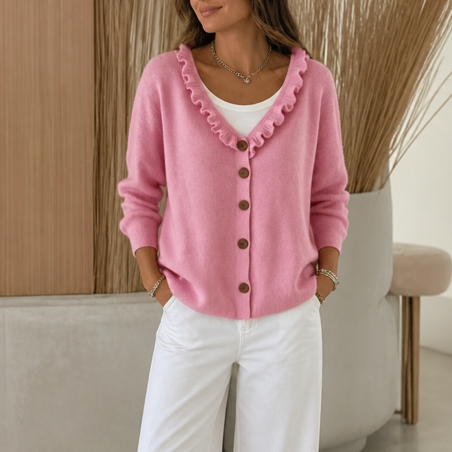 Wearbella – Ruffle Collar Stretch-Knit Cardigan