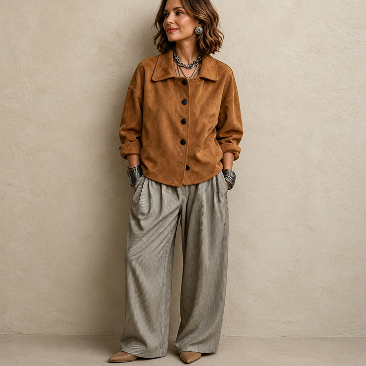 Suedelle – Suede-Feel Relaxed Button-Front Jacket
