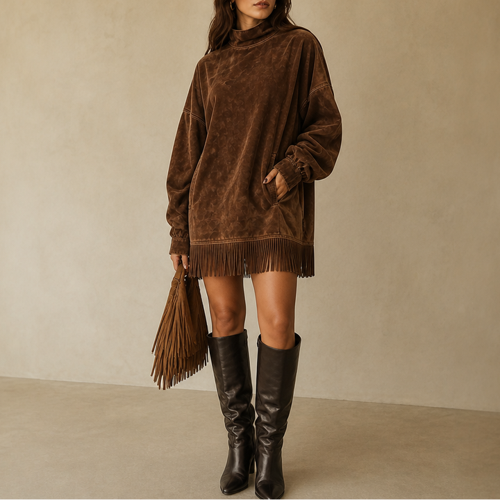 Swayelle – High-Neck Faux-Suede Fringe Mini Dress