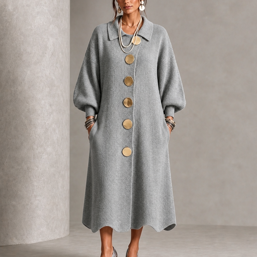 Vivelyn – Gold Button Ribbed Lantern Sleeve Maxi Dress