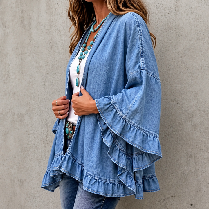 Ruffledenim – Ruffle-Trim Open-Front Denim Cardigan