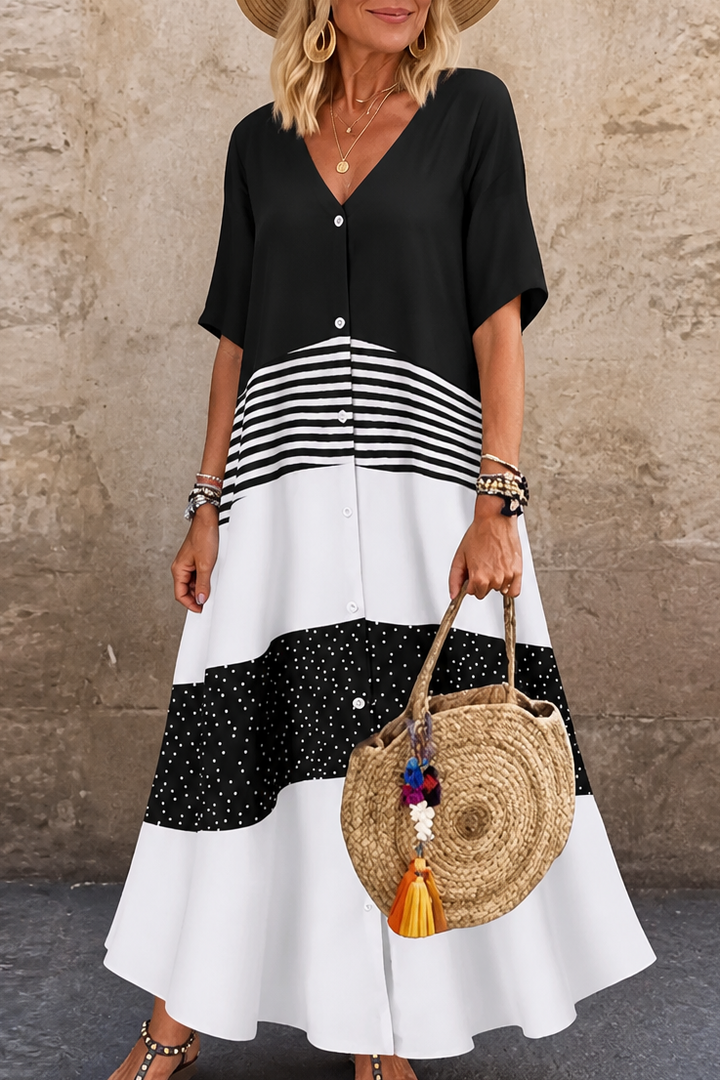 Lineluxe – V-Neck Button-Up Flowy Maxi Dress