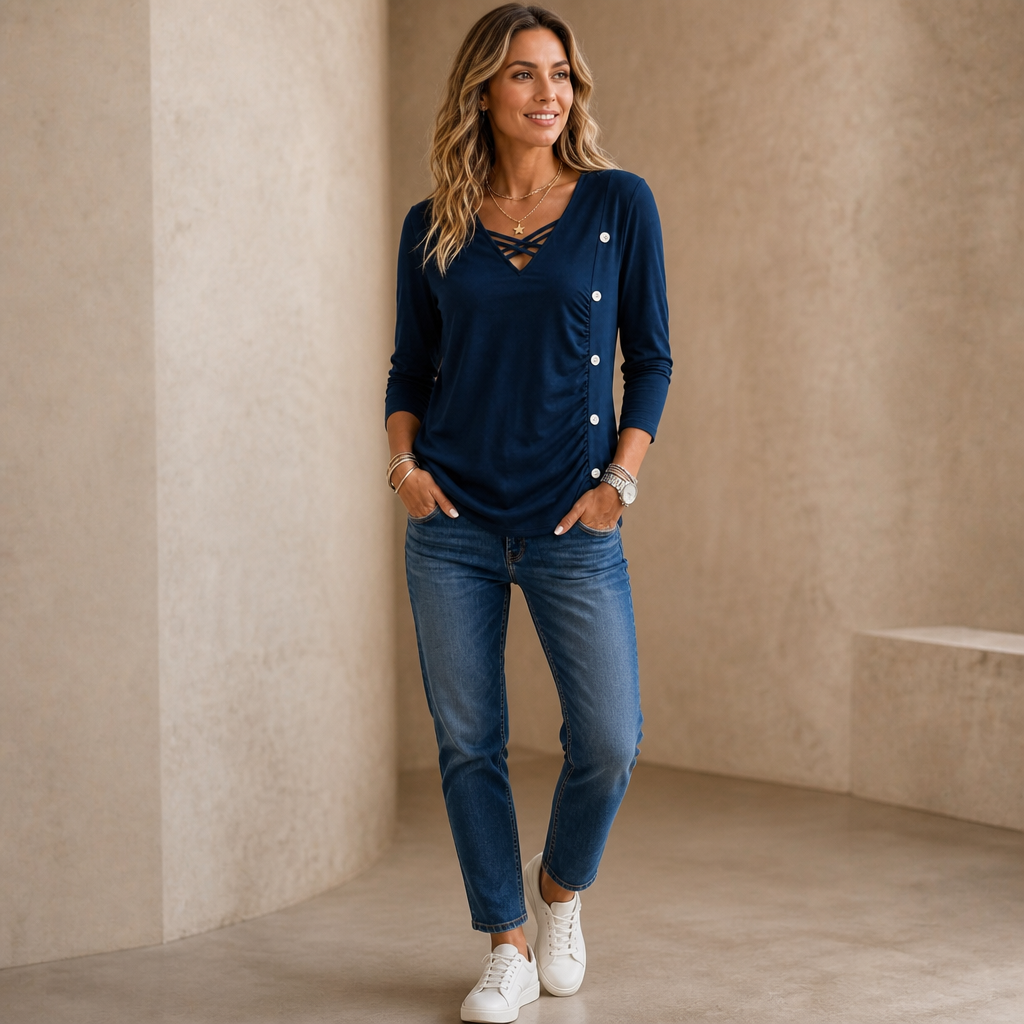 Ruchelle – Crisscross V-Neck Side-Ruched Top