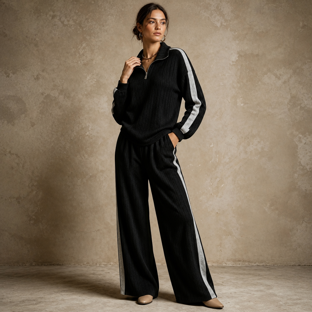 Ribelle – Ribbed Half-Zip Wide-Leg Lounge Set