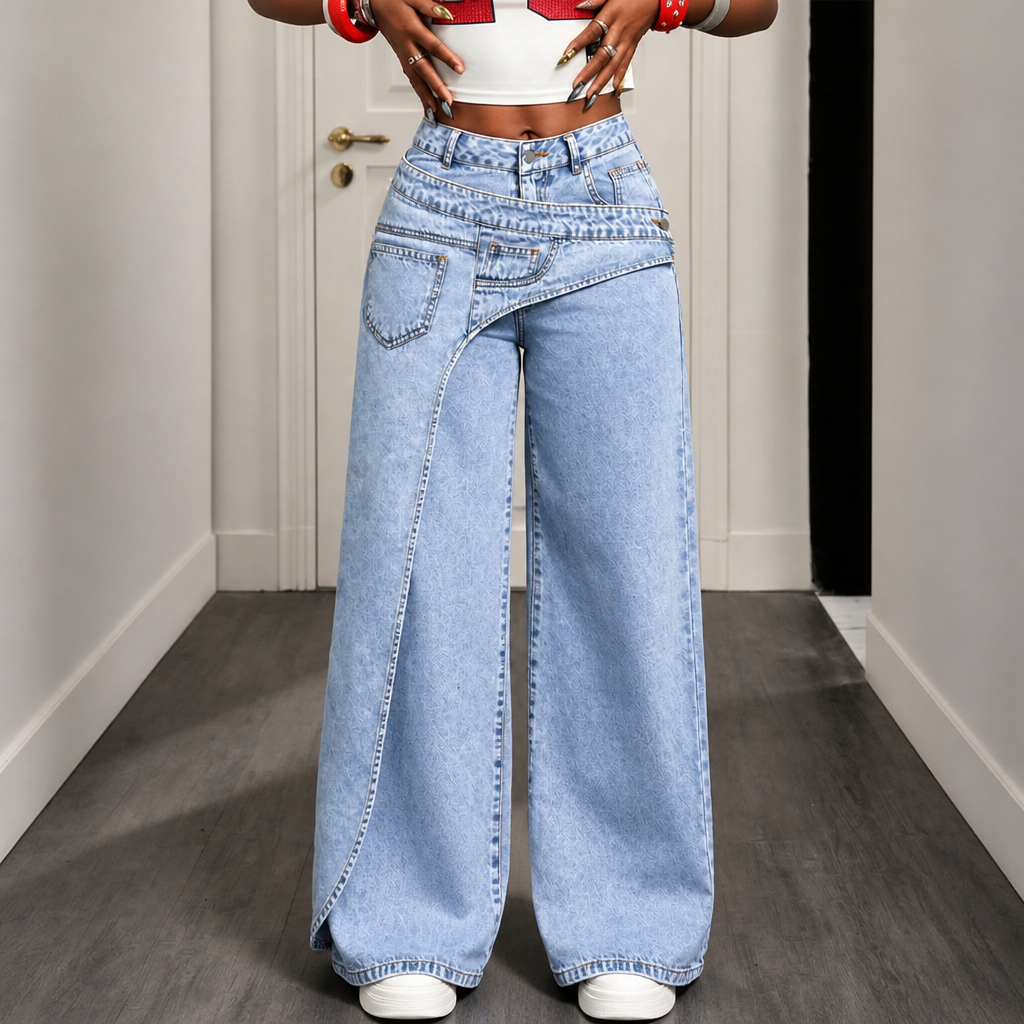 Overlaya – Asymmetric Overlap Waist Wide-Leg Jeans